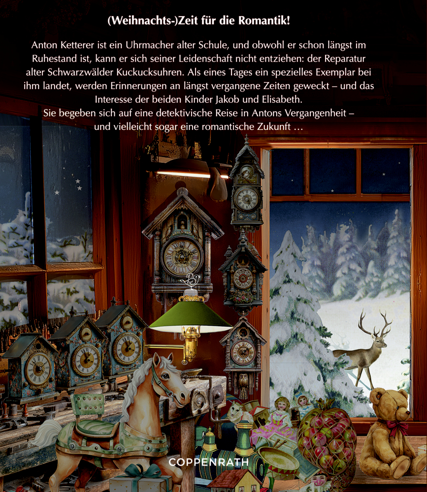 Mehrere Kuckucksuhren, Spielzeugpferd und Teddybär in weihnachtlich geschmückter Werkstatt mit verschneiter Landschaft im Hintergrund.