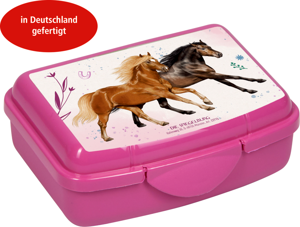 Kleine rosa Lunchbox mit zwei laufenden Pferden, deutschem Text und einem roten „Made in Germany“-Etikett.