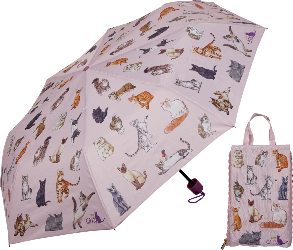 Taschenschirm & Duo Bag - I love cats (cats & dogs) Offener rosa Regenschirm mit verschiedenen Katzenaufdrucken, präsentiert neben der dazu passenden Tragetasche.