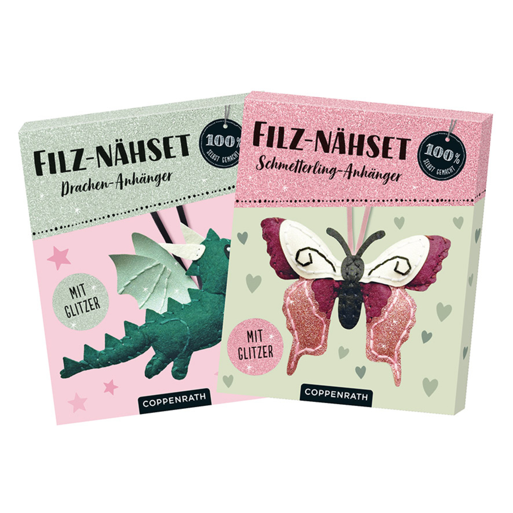 Zwei Nähsets aus Filz: grüner Drache und rosa Schmetterling, beide mit Glitzerakzenten.
