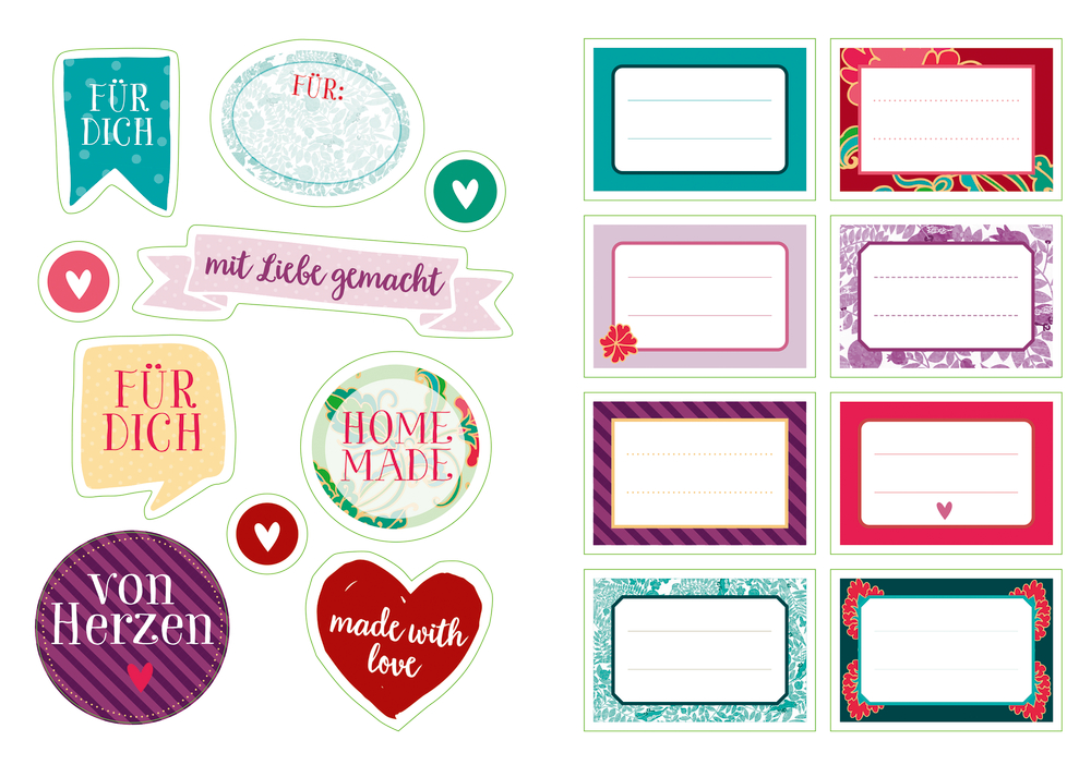 Bunte Geschenkanhänger in verschiedenen Formen mit deutsch/englischem Text, Herzen und Leerzeichen für Ihre Nachricht.