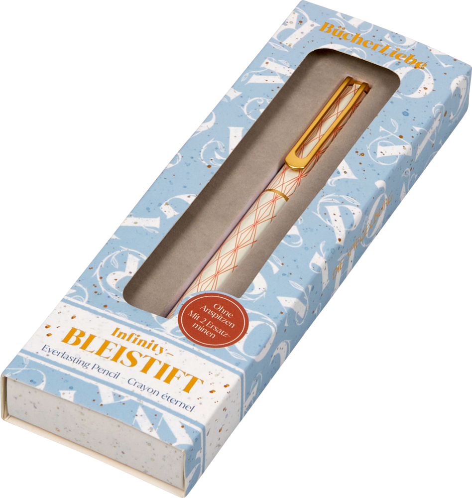 Hellblaue Pappschachtel mit Sichtfenster und sichtbarem weiß-orangefarbenen Stift.