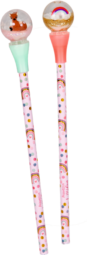 Glitzerkugel-Buntstift - Prinzessin Lillifee Zwei rosa Stifte mit Regenbogenmuster und einer kleinen Schneekugel mit Glitzer und Regenbogen- oder Fuchsmotiv im Inneren.
