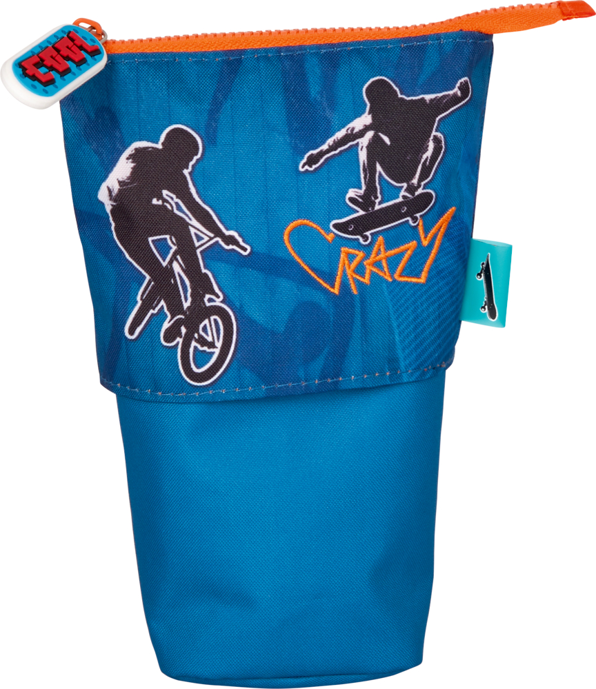 Stifte-Etui 2-in-1 - Cool Sports! Blaues Etui mit BMX- und Skateboard-Silhouetten, „CRAZY“-Schriftzug und orangefarbenem Reißverschluss.