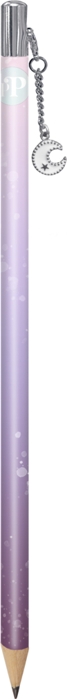 Lila Bleistift mit silberner Kappe und kleinem Anhänger in Form eines Halbmonds mit Stern.