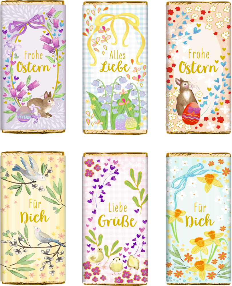 Sechs bunte Schokoladenverpackungen mit Frühlingsblumen, Vögeln, Hasen und Aufschriften.