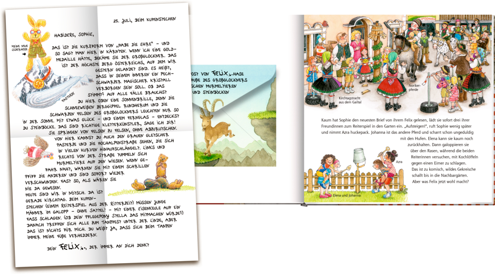 Handgeschriebener Brief mit einer Kaninchenillustration über einer Buchseite mit lebhaften Festivalszene im Freien mit Menschen und Tieren und deutschem Text.