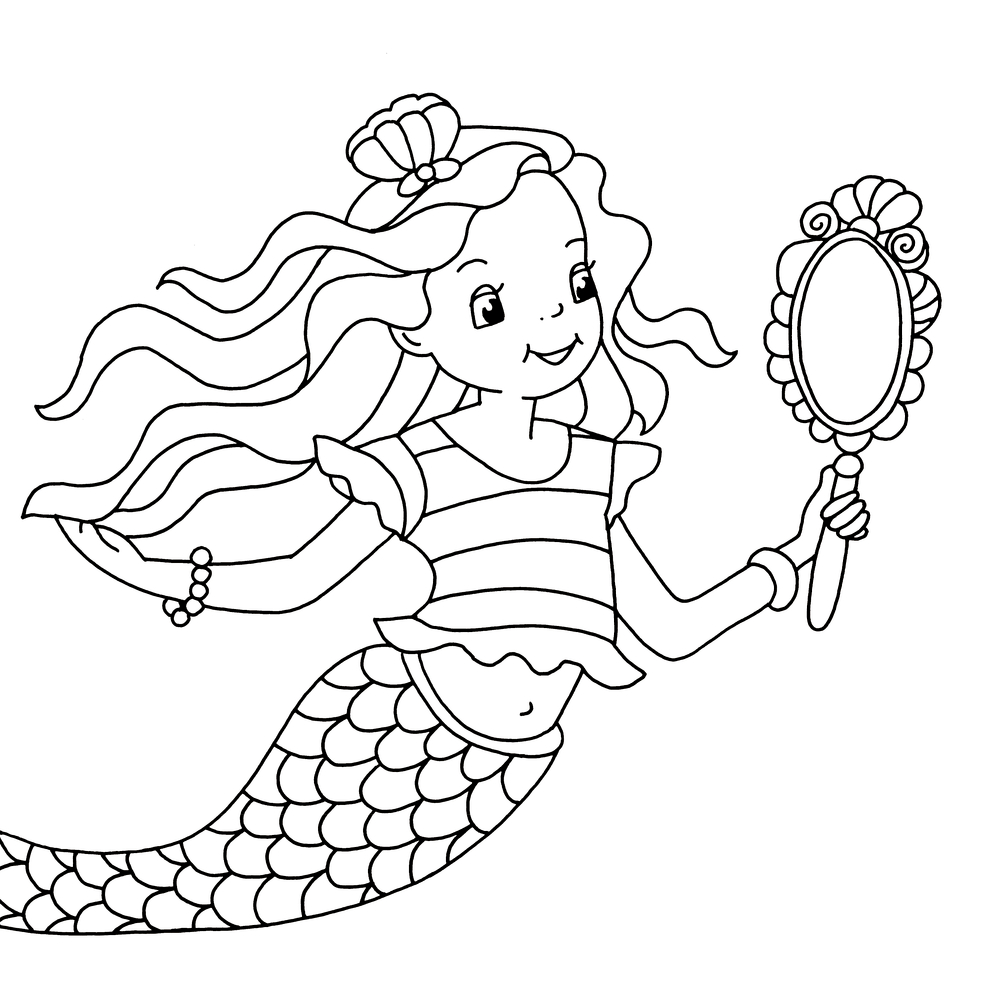 Eine lächelnde Meerjungfrau hält einen Spiegel und trägt eine Muschel-Krone im langen Haar.
