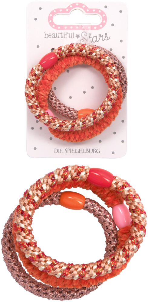 Drei elastische Haargummis in orange und rosé mit glänzenden Garnen und farbigen Kunststoffperlen, dadrüber diese drei Haargummis auf der Produktverpackung.