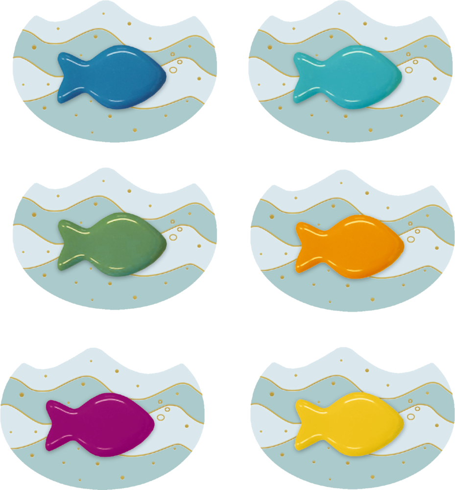 Bunter Fisch (Kunstharz) Sechs bunte Fische auf welligem Aqua-Hintergrund mit Blasen und goldenen Akzenten.