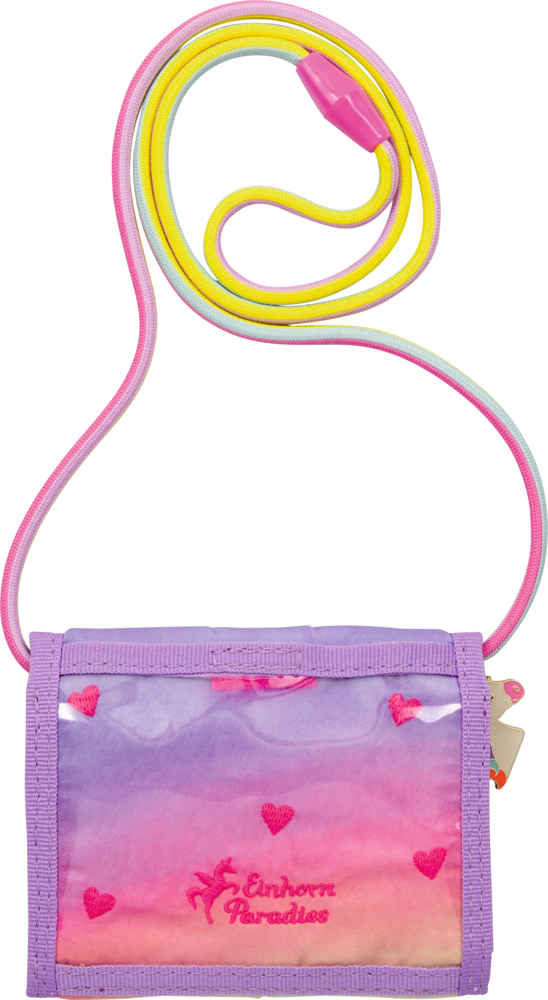 Kleines pastellfarbenes Portemonnaie mit Einhorn, rosa Herzen und gelb-rosa Kordel.