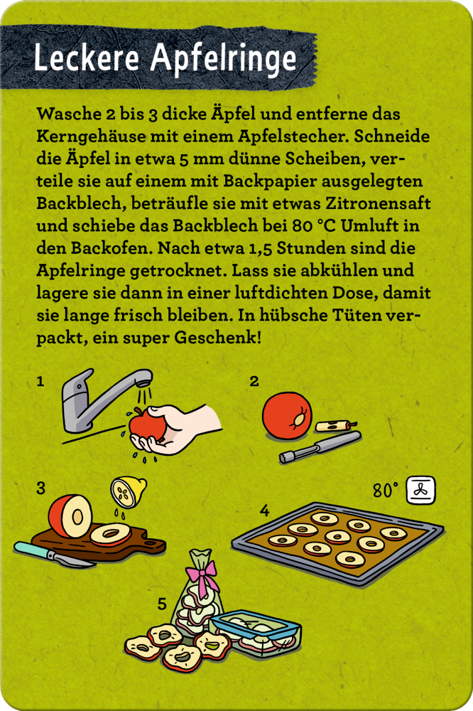 Bebilderte Anleitung zur Zubereitung von Ofen-Apfelringen vor grünem Hintergrund einer Karte.