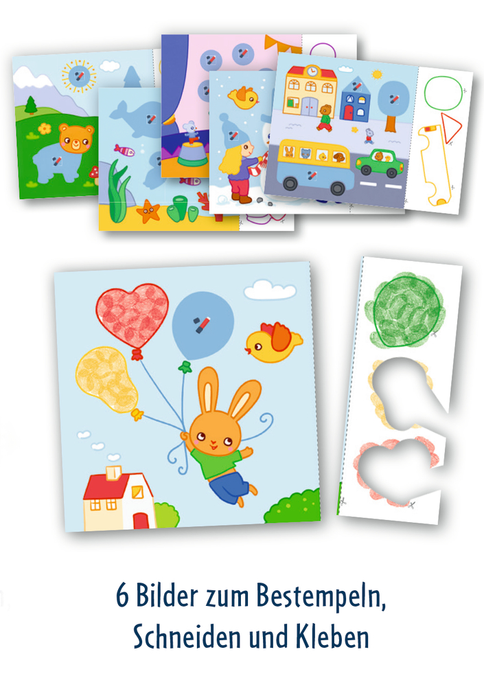 Sechs farbenfrohe Tierbastelbögen zeigen einen Hasen mit Luftballons und deutschem Text darunter.