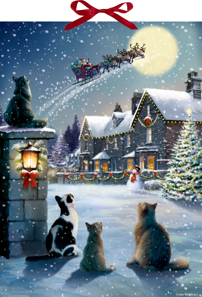 Vier Katzen beobachten in einer Winternacht den Weihnachtsmannschlitten, der unter dem Vollmond vorbeifliegt.