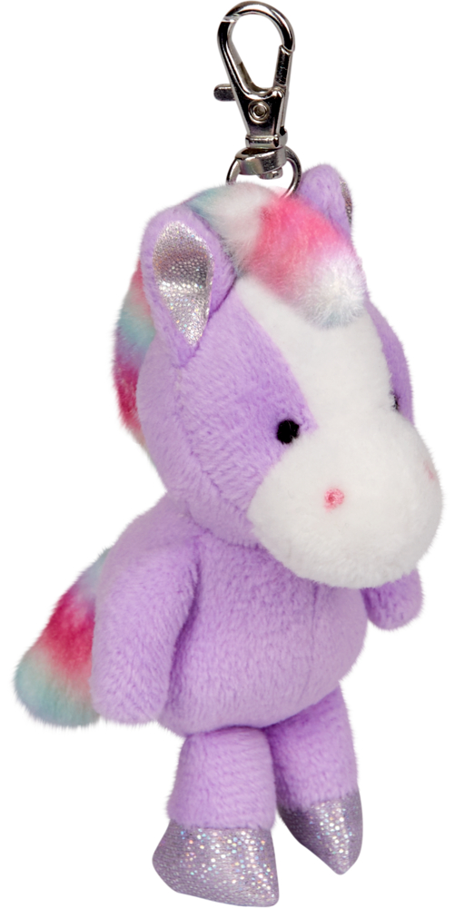 lila, Anhänger - Pferdefreunde Plüschiger lila Pferde-Schlüsselanhänger mit silbernen Hufen, Regenbogenmähne und Metallverschluss.