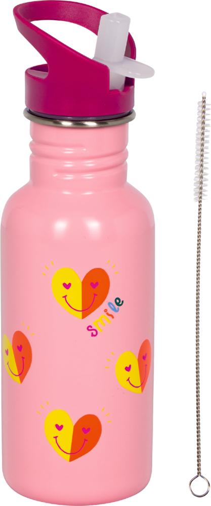 Rosa Wasserflasche mit Smiley-Herzmotiven, pinker Deckel mit Strohhalm, Reinigungsbürste daneben.
