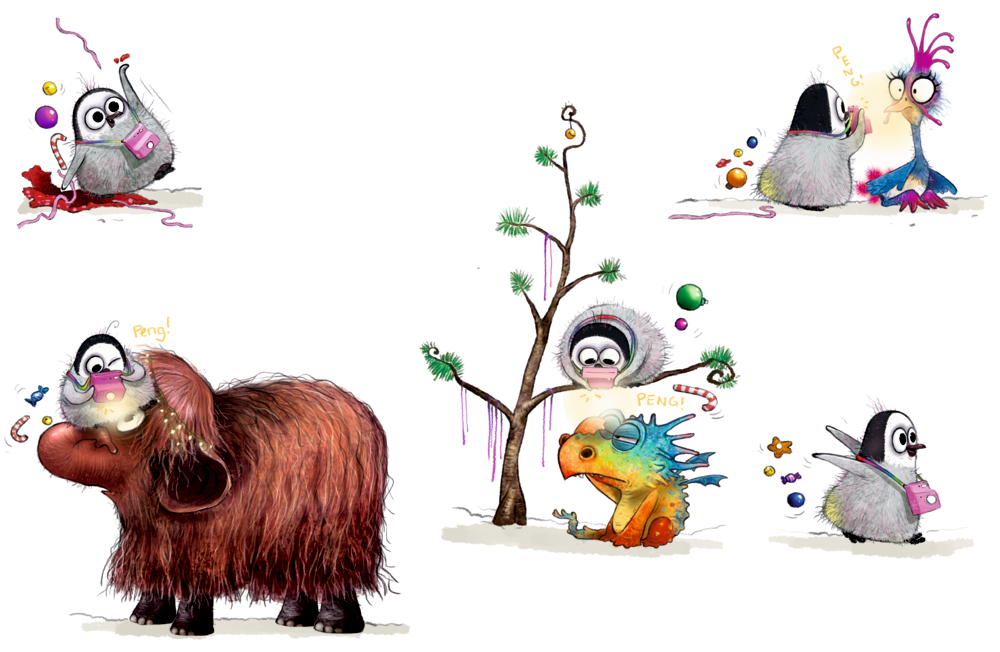 Verschiedene Illustrationen von einem Pinguin, einem Drachen und einem Mammut auf wei0em Hintergrund.