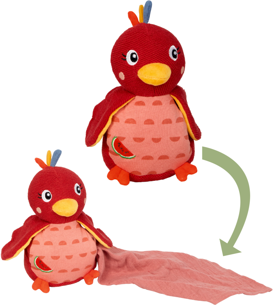 Kuscheltier mit Schnuffeltuch Pardiesvogel - Little Wonder Roter Plüschvogel mit rosa Schnuffeltuch.