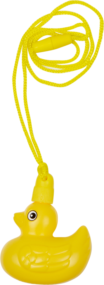Gelbe plastikente mit passender gelber Schnur.
