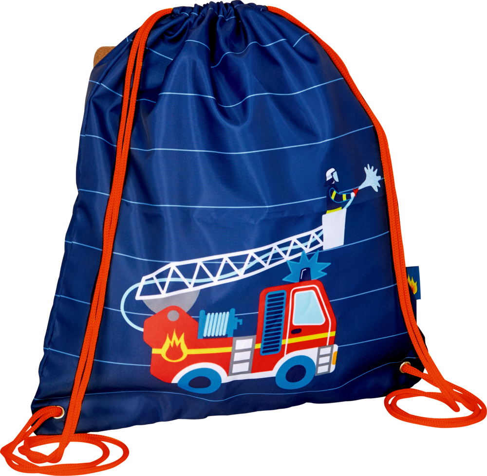 Turnbeutel Feuerwehr (Wenn ich mal groß bin) Blauer Kordelzugbeutel mit orangefarbenen Schnüren, mit der Grafik eines Feuerwehrautos und eines Feuerwehrmanns.