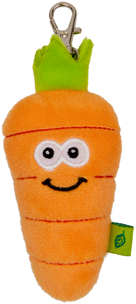 Plüschiger Karotten-Schlüsselanhänger mit Smiley, grüner Spitze und Metallclip – süßes Accessoire für Taschen oder Schlüssel.