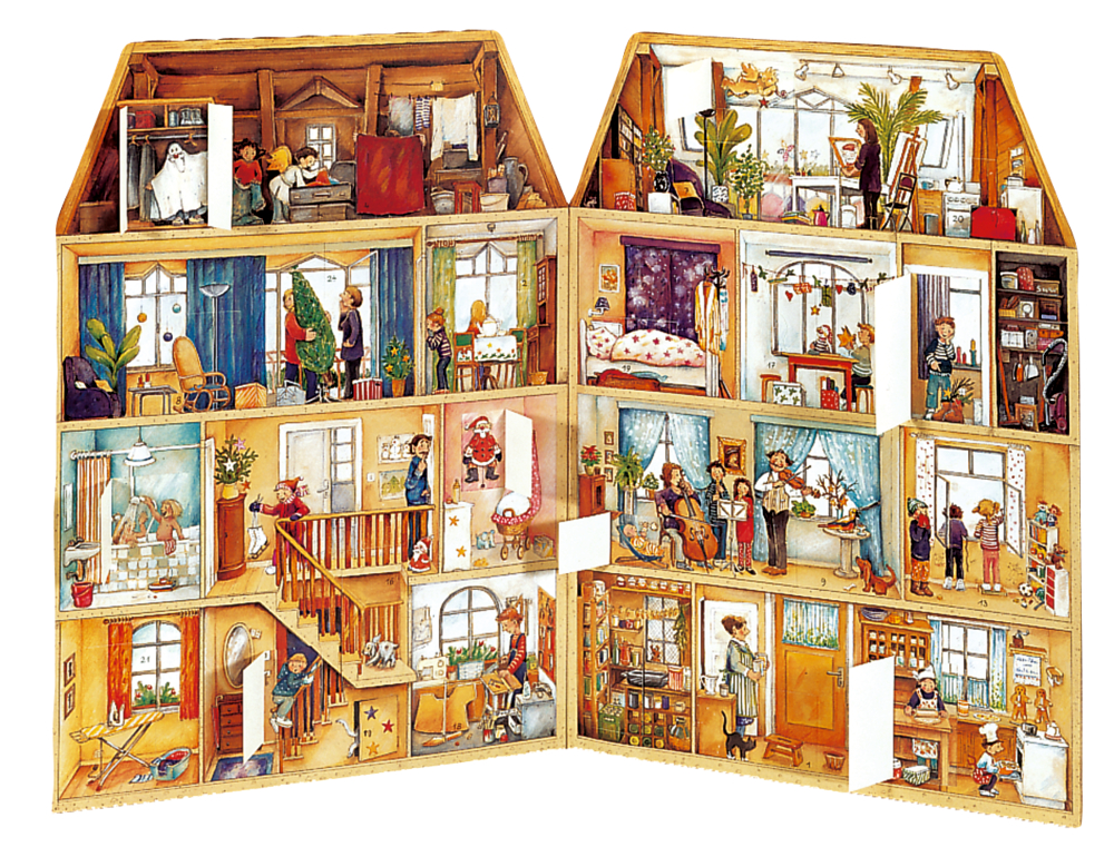 Aufgeklapptes, bunt illustriertes Haus mit mehreren Räumen, Personen und verschiedenen Aktivitäten auf jeder Etage.