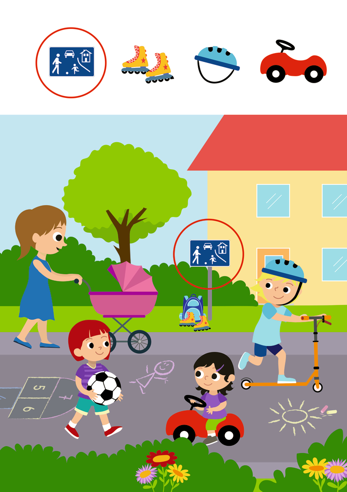 Kinder spielen auf dem Gehweg mit Rollern, Ball und Rutschauto, beaufsichtigt von einem Erwachsenen mit Kinderwagen, auf einer Rätselseite.