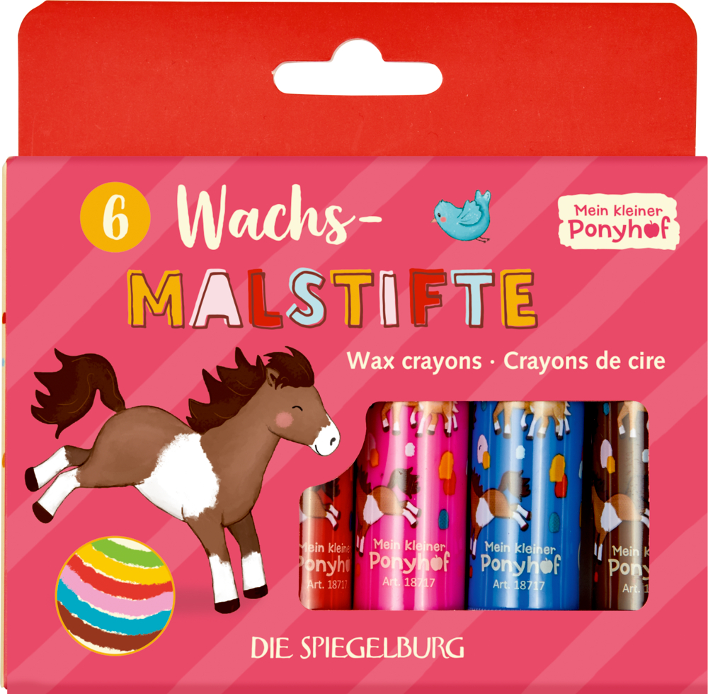 Wachsmalstifte (6 St.) - Mein kleiner Ponyhof Schachtel mit sechs bunten Wachsmalstiften, verziert mit Cartoon-Pony und gestreiftem Ball auf der Vorderseite.