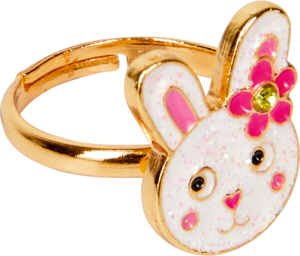 Goldring mit süßem Hasengesicht und rosa Blume am Ohr sowie rosa Akzenten an Ohren und Wangen.