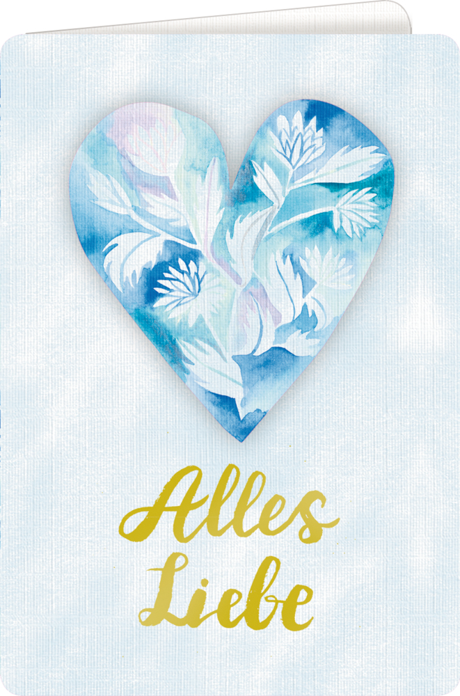 Blau-weißes Aquarellherz mit Blumen auf einer hellen Karte und „Alles Liebe“ in goldener Schrift darunter.