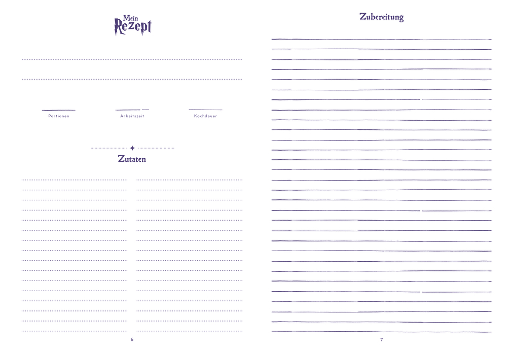 Doppelseitige Innenasicht: Rezeptvorlage für Portionen, Vorbereitungszeit, Kochzeit, Zutatenliste und Zubereitungsschritte. Lila liniert.