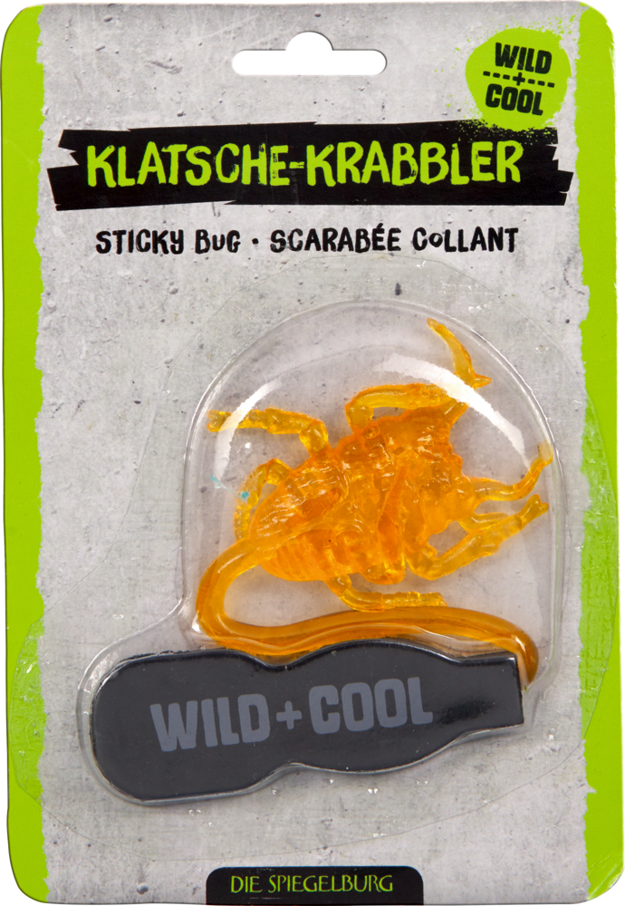 Orangefarbenes klebriges Käfer-Spielzeug in Verpackung mit Aufdruck Klatche-Krabbler.