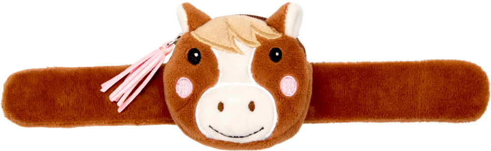 Schnapparmband mit Fach Mein kleiner Ponyhof Brauner Plüschbeutel mit Pferdegesicht, Reißverschluss und rosa Quaste, befestigt an einem passenden Plüschband.