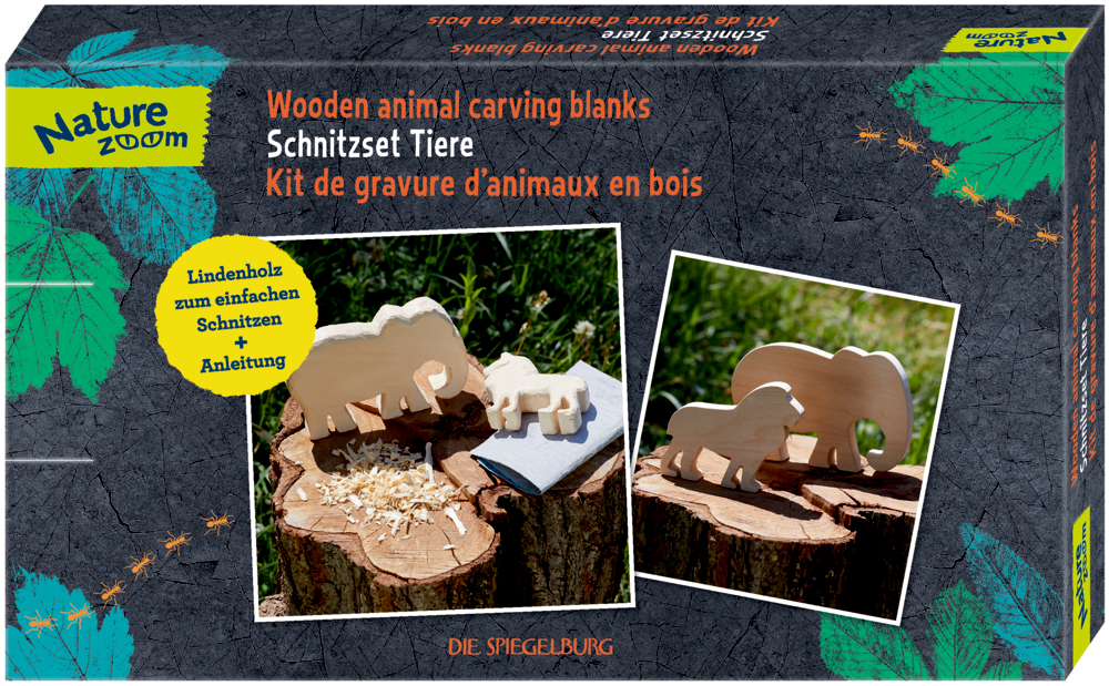 Box mit Holztierschnitzset, zeigt Rohlinge von Elefant und Löwe sowie Holzspäne auf der Vorderseite.