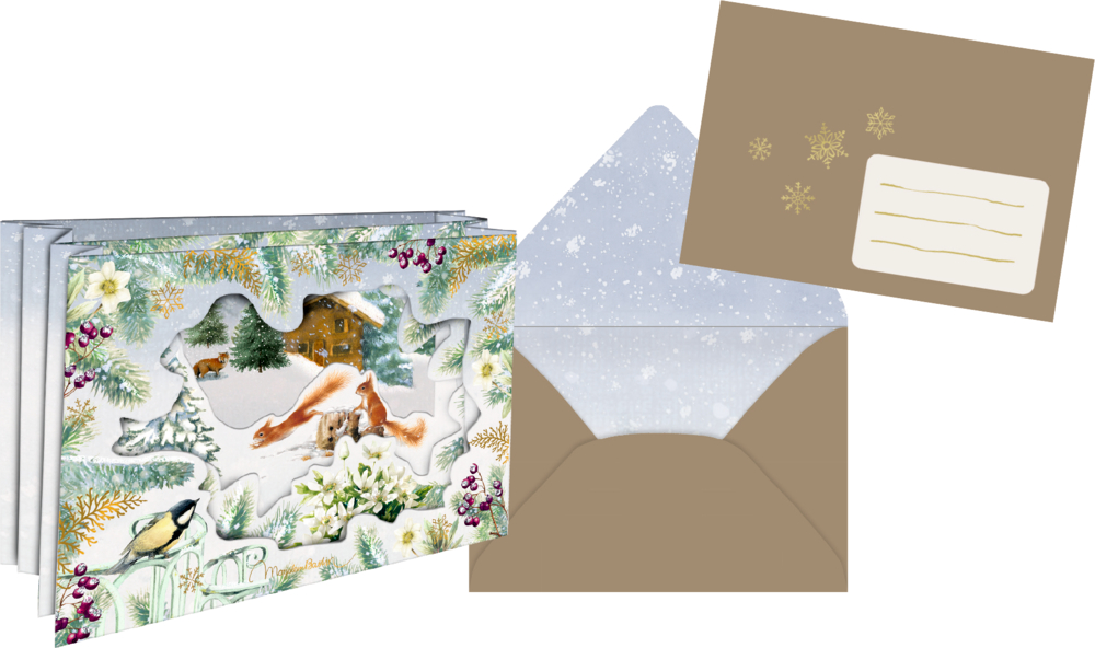 Klappkarte mit winterlichem Waldmotiv und Eichhörnchen, dazu brauner Umschlag mit Schneeflocken und Adressfeld.