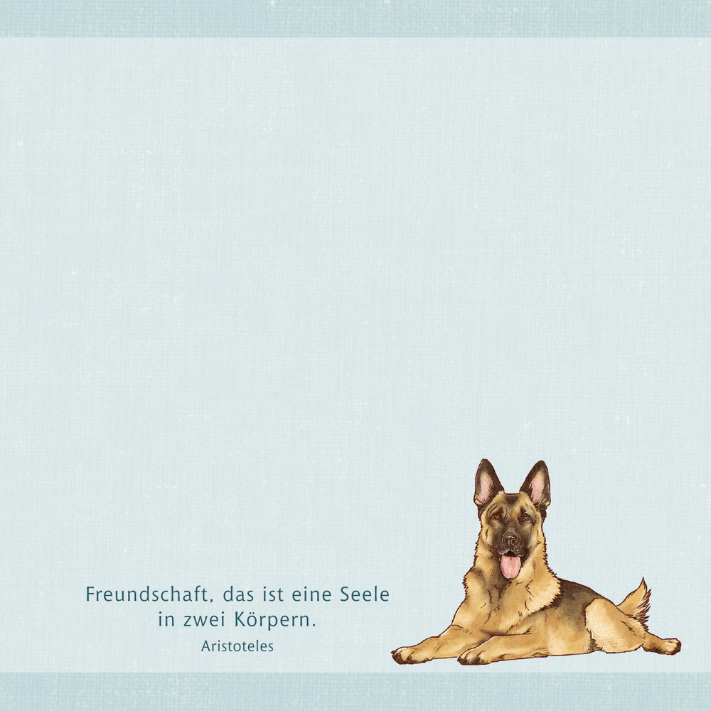 Ein Deutscher Schäferhund legt sich hin; unten ist ein Zitat von Aristoteles über Freundschaft.