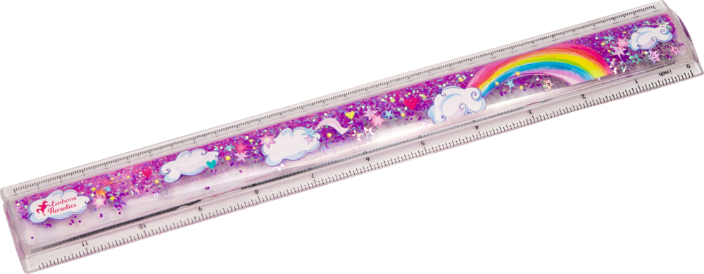 Ein lila Lineal mit Glitzer, Wolken, Sternen und einem Regenbogen am oberen Rand.