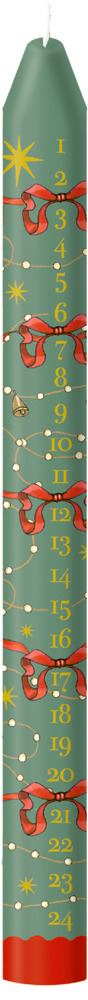 Grüne Kerze mit roter Basis, Zahlen von 1 bis 24, roten Schleifen und goldenen Sternen als Adventskerze gestaltet.