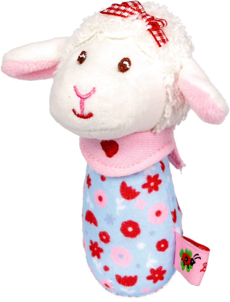 Minirassel Lämmchen - BabyGlück Plüschrassel in Form eines Lamms mit rosa und blauem Blumenkörper, rosa Ohren und einer rotkarierten Schleife auf dem Kopf.