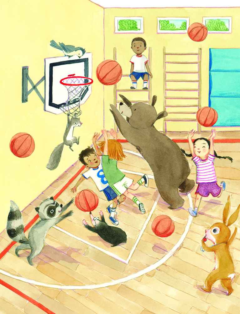 Kinder und Tiere spielen Basketball in einer hellen Turnhalle und werfen Bälle durch die Luft.