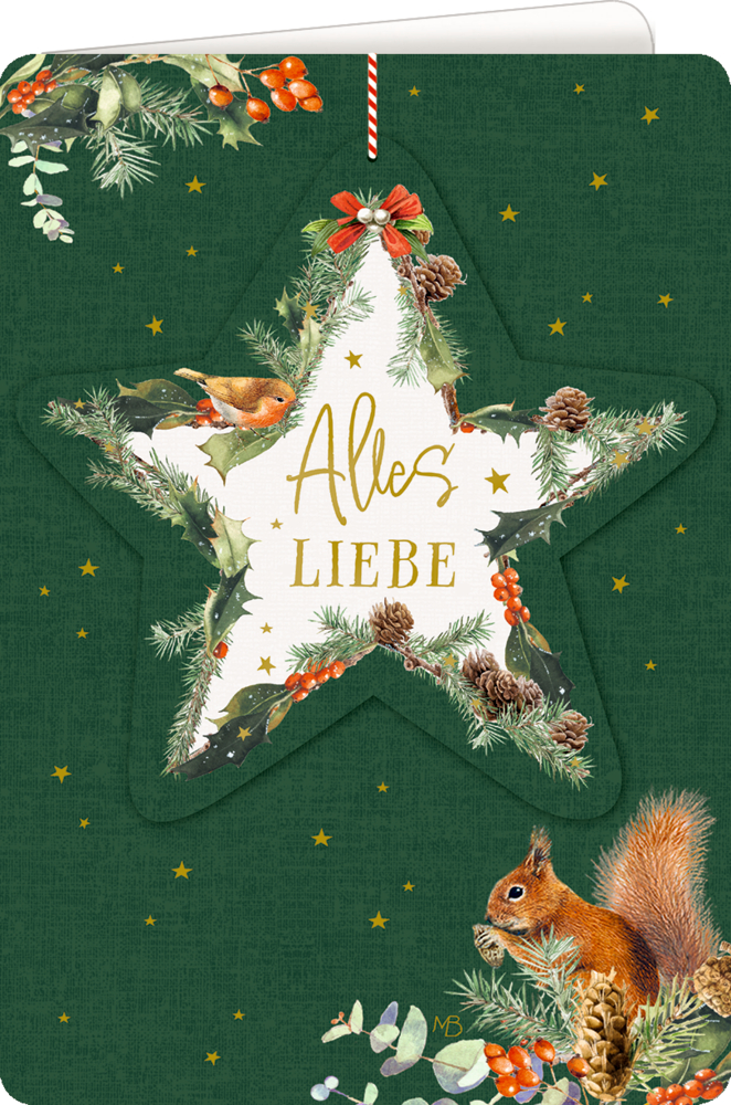 Grüne Karte mit einem Stern, festlichem Laub, einem Vogel und einem Eichhörnchen, mit der Botschaft: „Alles Liebe.