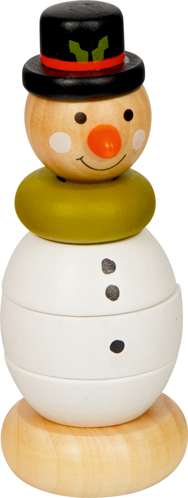 Schneemann, Holz-Stapelfigur - Wintertiere im Weihnachtswald Stapelspiel aus Holz in Form eines Schneemanns mit grünem Schal, schwarzer Mütze, orangefarbener Nase und aufgemaltem Lächeln.