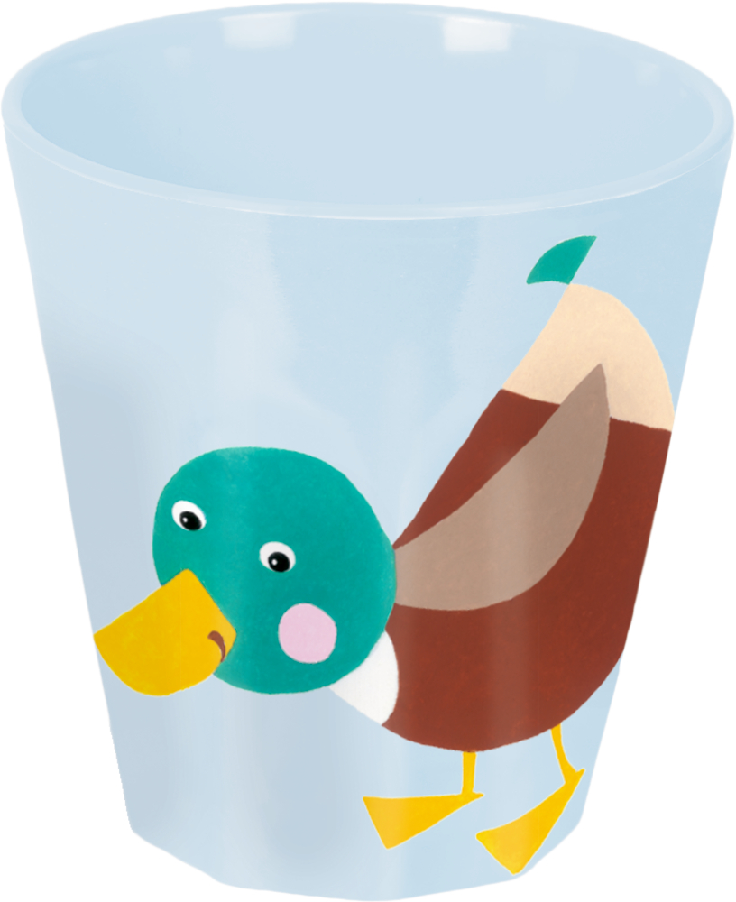 Becher Ente - Freche Rasselbande Hellblauer Becher mit einer farbenfrohen Cartoon-Entenillustration an der Seite.