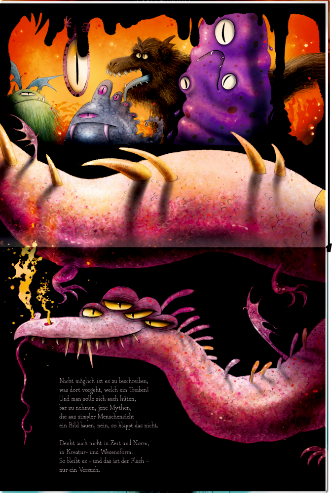 Verschiedene Monster auf einer Innenansicht mit  Text in dem Dämonenreich.