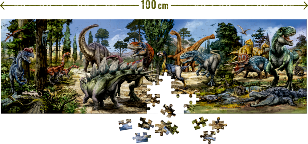 Dinosaurier-Puzzle in einem Wald, bei dem Teile fehlen und einige am Boden verstreut sind.