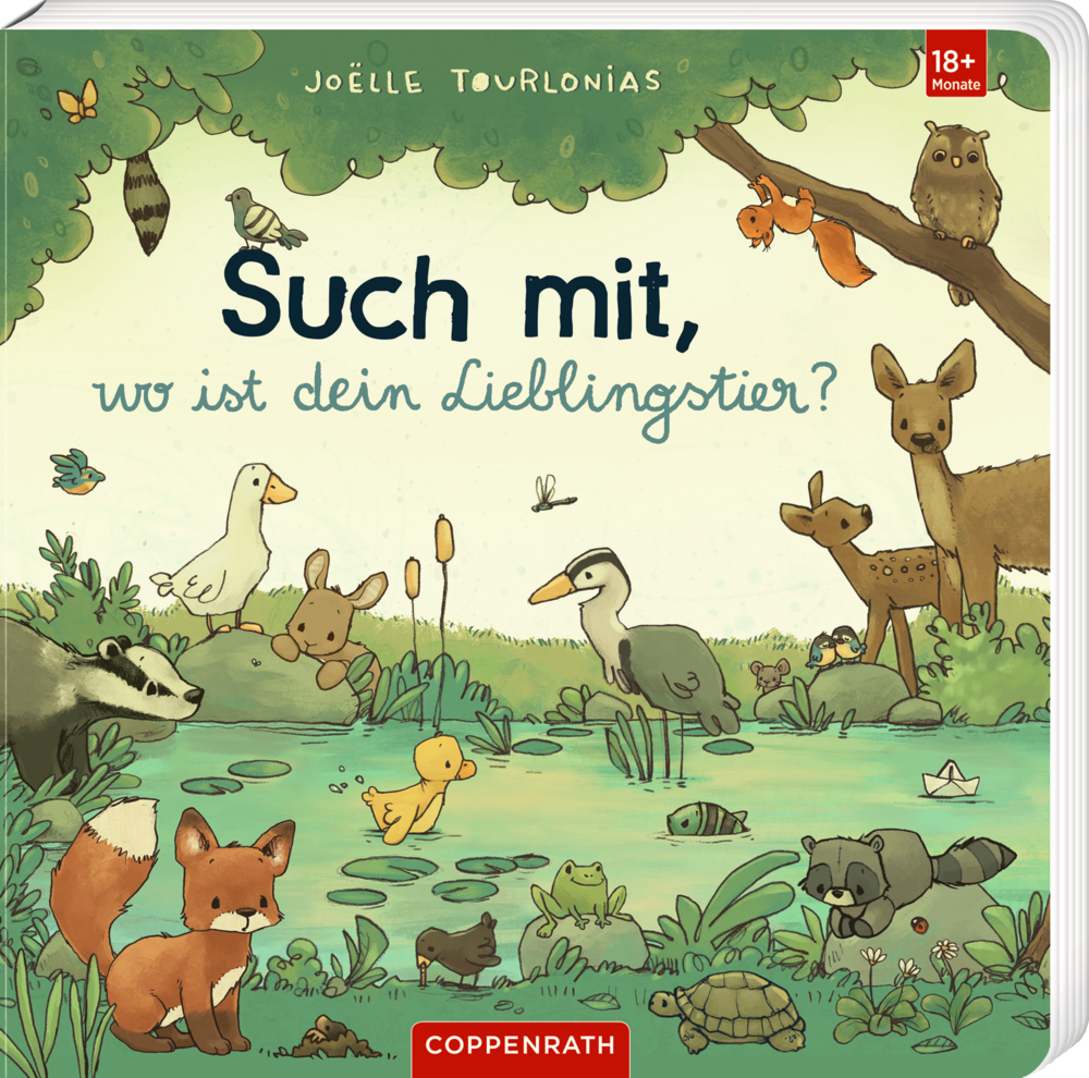 Buchcover mit verschiedenen Waldtieren an einem Teich, Titel: Such mit, wo ist dein Lieblingstier?.