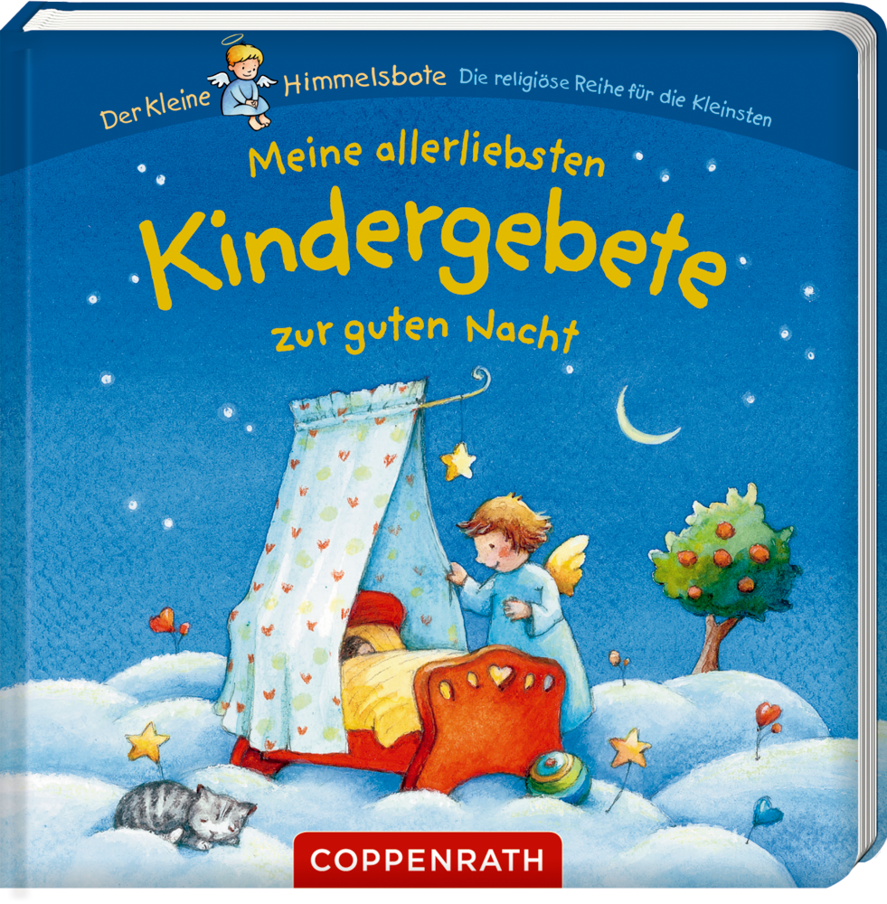 Meine allerliebsten Kindergebete zur guten Nacht (Der kleine Himmelsbote) Kinderbuchcover mit Illustration eines Engels und eines im Bett schlafendes Kind auf Wolken unterm Sternenhimmel.