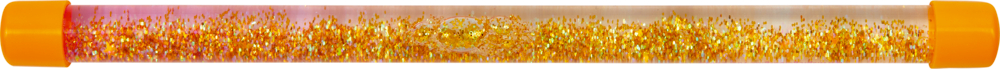 Eine transparente Tube mit orangefarbenen Kappen, gefüllt mit funkelndem Goldglitter.