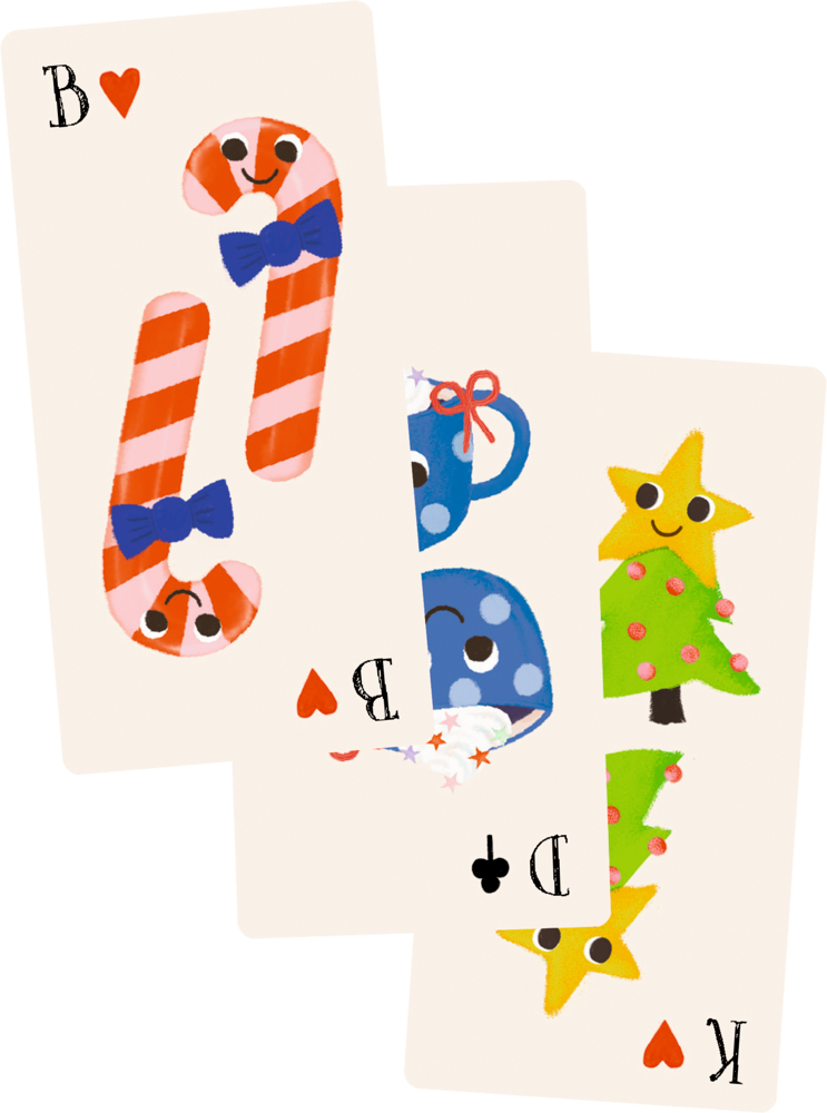Drei Spielkarten mit weihnachtlichen Motiven, darunter rote Zuckerstangen, blaue Tassen und grüne Weihnachtsbäume mit Sternen.