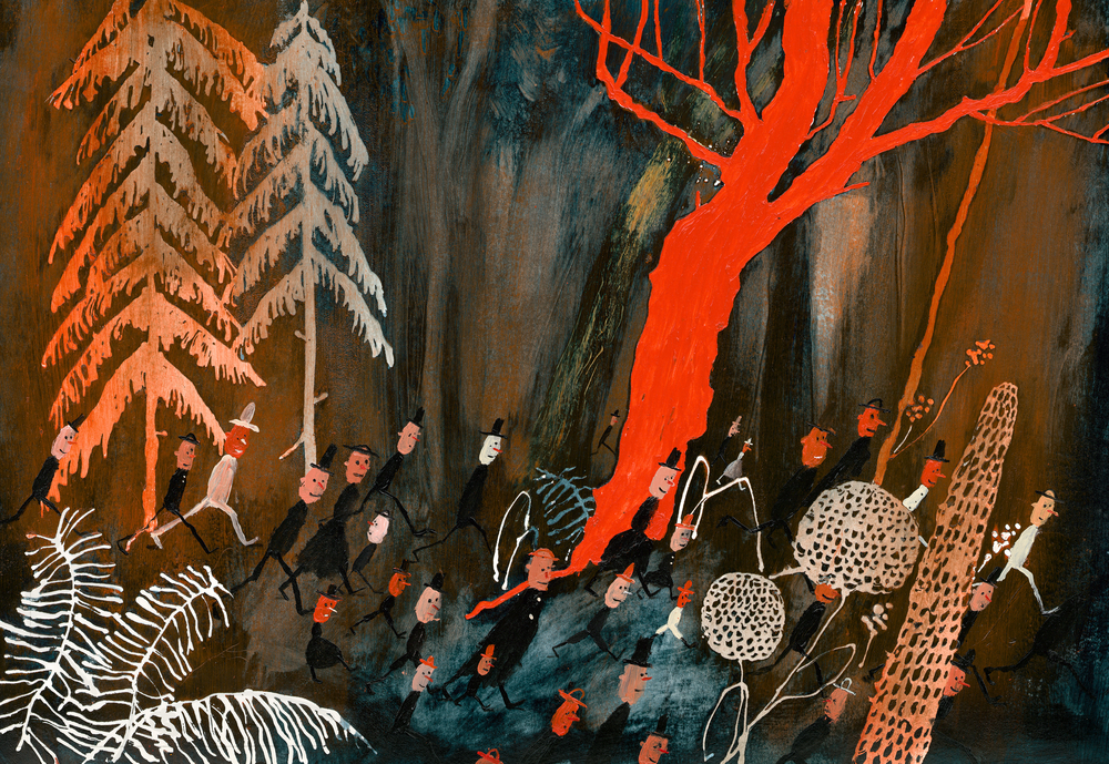 Eine Menschenmenge geht durch einen dunklen, abstrakten Wald voller roter, weißer und orangefarbener Bäume und Pflanzen.